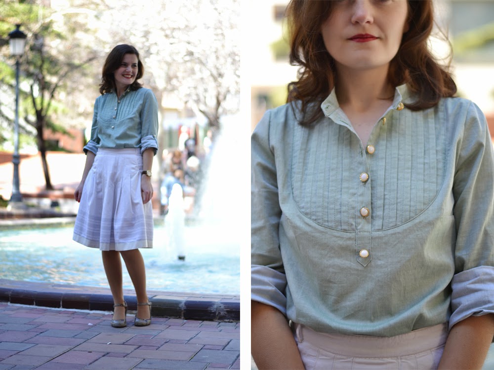 Carme blouse pattern, pauline alice patterns, in aqua green cotton and mother-of-pearl and golden buttons.