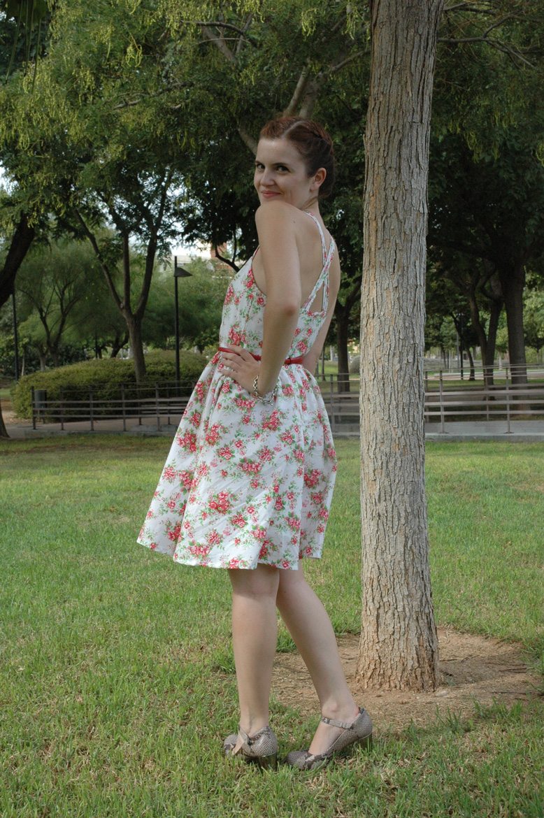 self-drafted garden roses dress side