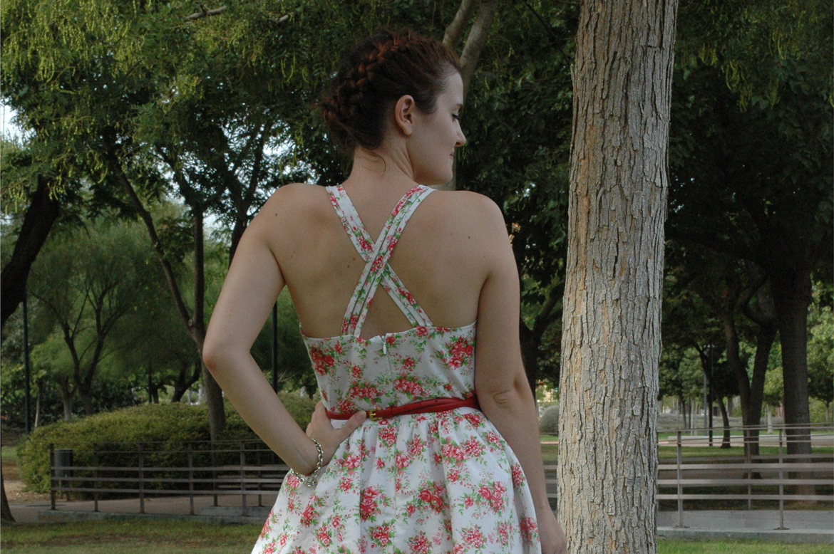 self-drafted garden roses dress back