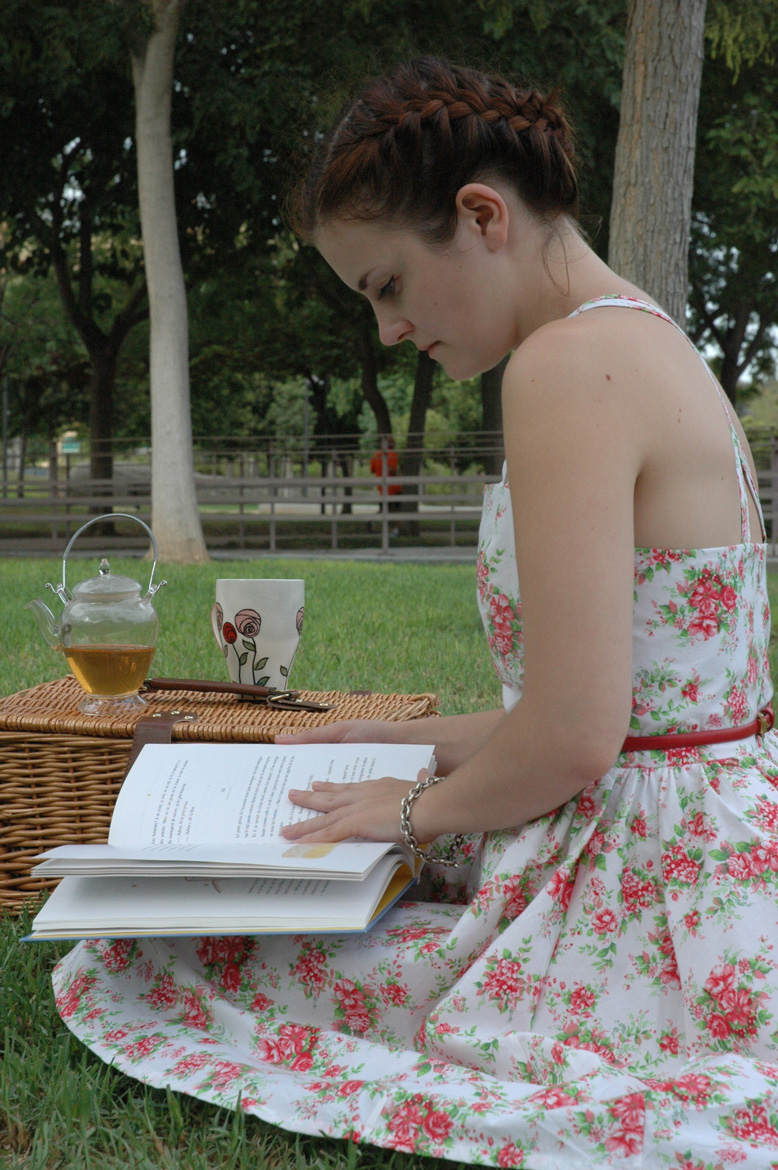 self-drafted garden roses dress details